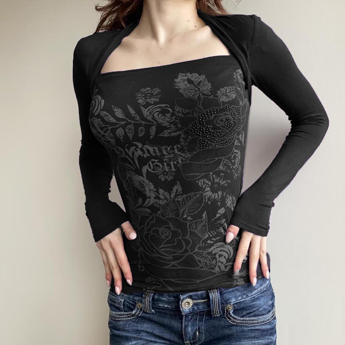 Y2k V Neck Floral Tops Women Fairy Grunge Vintage Long Sleeve Top 2000s Emo Graphic Cute Teen Girls Clothe