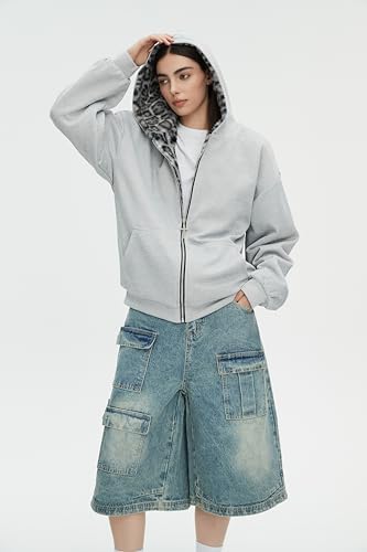 CUTEGAL Zip Up Hoodie Oversized Leopard Print Jacket Reversible Streetwear Fall Grunge Hoodies Streetwear