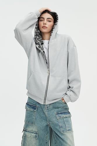 CUTEGAL Zip Up Hoodie Oversized Leopard Print Jacket Reversible Streetwear Fall Grunge Hoodies Streetwear