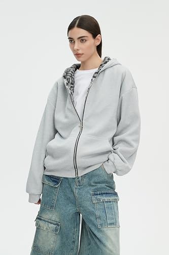 CUTEGAL Zip Up Hoodie Oversized Leopard Print Jacket Reversible Streetwear Fall Grunge Hoodies Streetwear