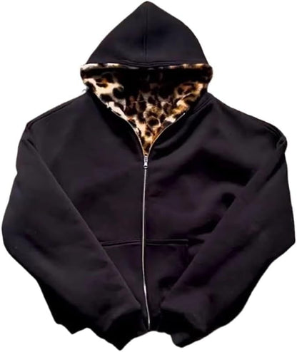 CUTEGAL Zip Up Hoodie Oversized Leopard Print Jacket Reversible Streetwear Fall Grunge Hoodies Streetwear