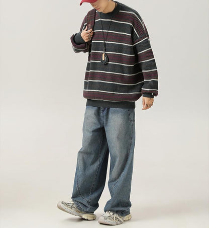 Mens Y2k Striped Sweater Vintage Knitted Pullover Tops
