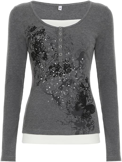 Y2k V Neck Floral Tops Women Fairy Grunge Vintage Long Sleeve Top 2000s Emo Graphic Cute Teen Girls Clothe