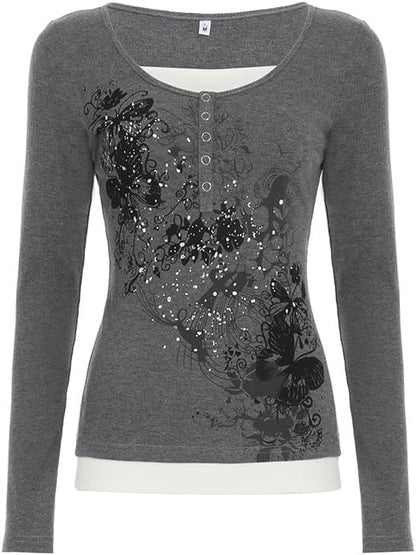 Y2k V Neck Floral Tops Women Fairy Grunge Vintage Long Sleeve Top 2000s Emo Graphic Cute Teen Girls Clothe