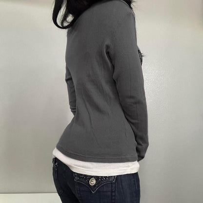 Y2k V Neck Floral Tops Women Fairy Grunge Vintage Long Sleeve Top 2000s Emo Graphic Cute Teen Girls Clothe