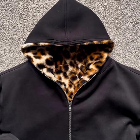 CUTEGAL Zip Up Hoodie Oversized Leopard Print Jacket Reversible Streetwear Fall Grunge Hoodies Streetwear