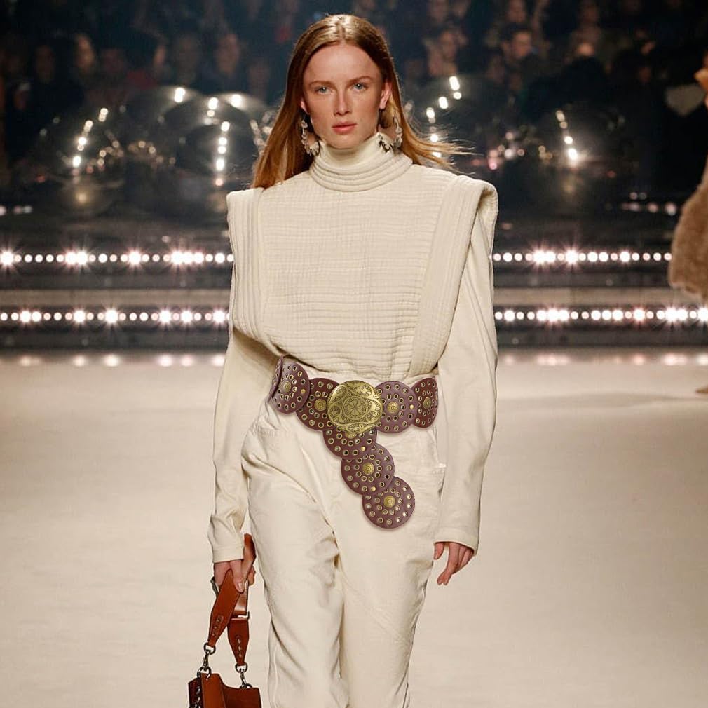 Wide Disc Belt for Women Vintage Hollow Boho Leather Belt Western Chunky Waist Belt Cowboy Metal Buckle Concho Belts