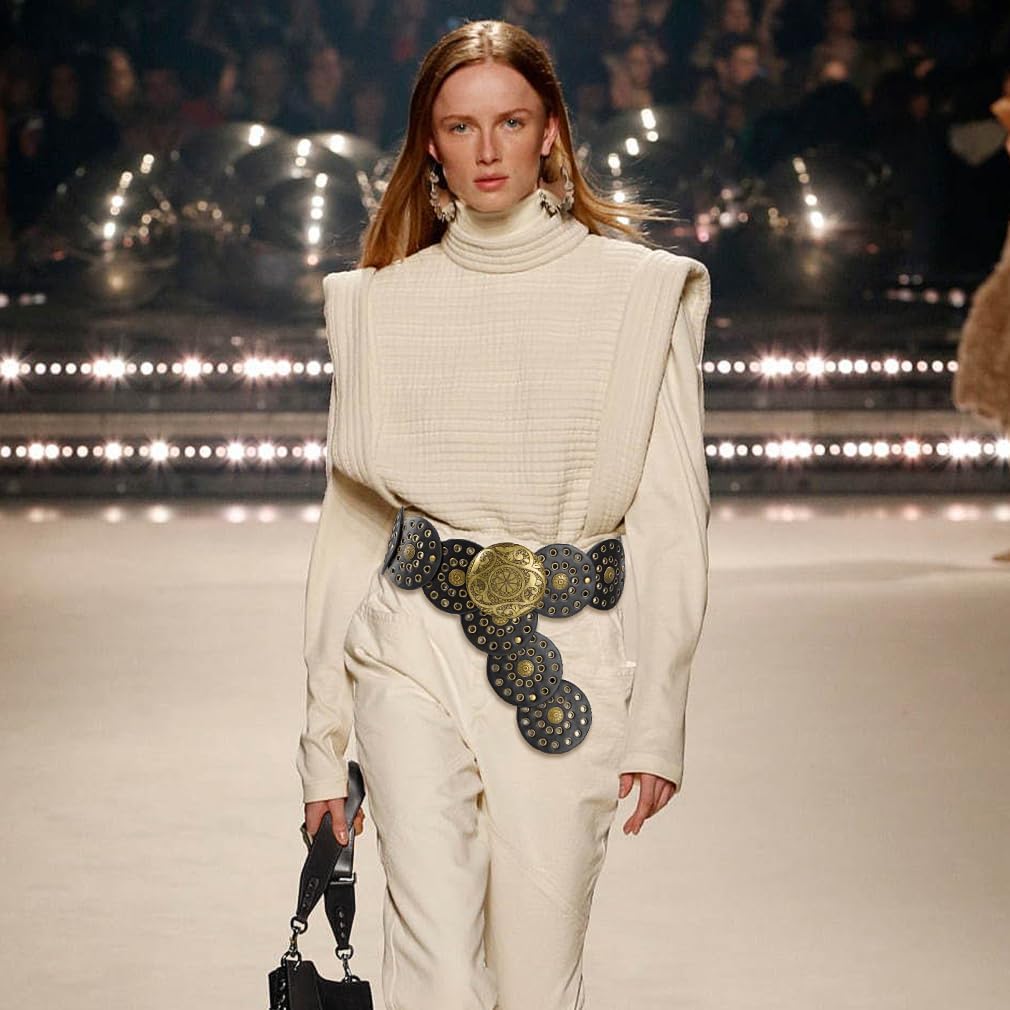 Wide Disc Belt for Women Vintage Hollow Boho Leather Belt Western Chunky Waist Belt Cowboy Metal Buckle Concho Belts