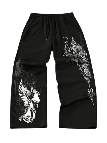 Men's Graphic Cross Print Flare Sweatpants Y2k Casual Pants