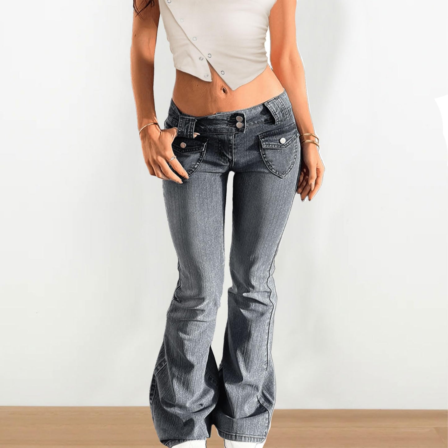 Low Rise Flare Jeans Y2K Stretchy Bell Bottom 90s Denim Washed Jeans