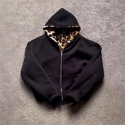 CUTEGAL Zip Up Hoodie Oversized Leopard Print Jacket Reversible Streetwear Fall Grunge Hoodies Streetwear