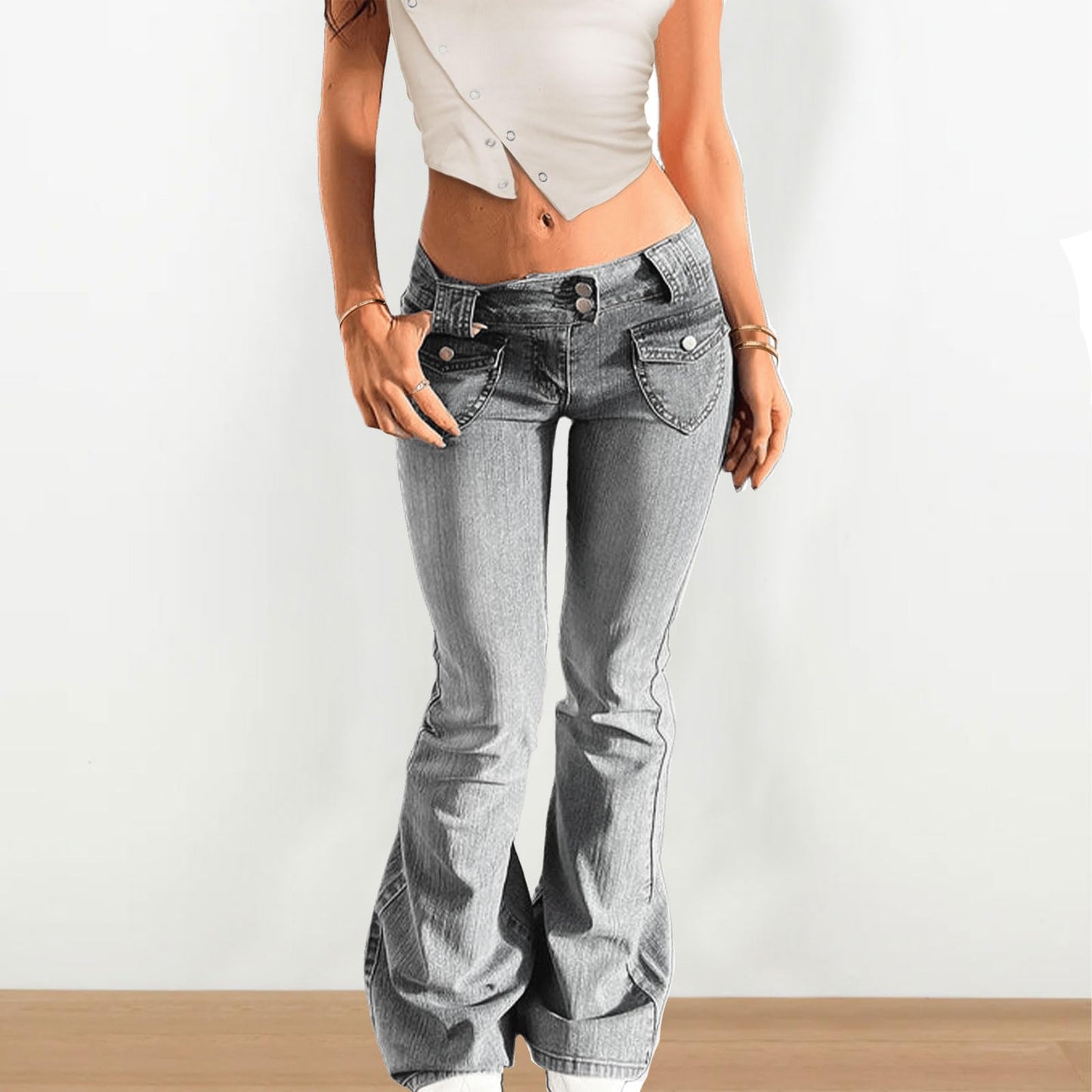 Low Rise Flare Jeans Y2K Stretchy Bell Bottom 90s Denim Washed Jeans