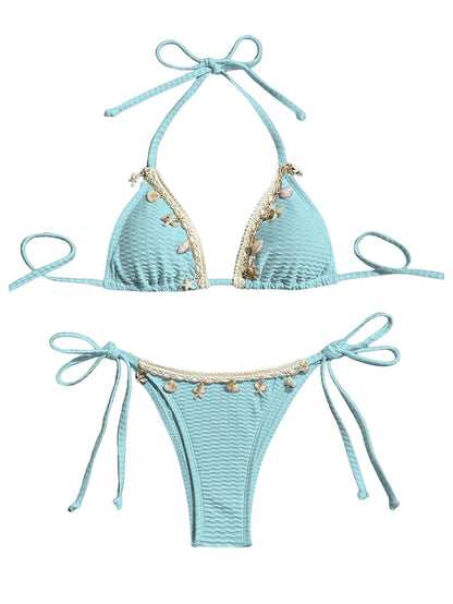Women's 2 Piece Sexy Halter Triangle Bikinis Seashell Tie
