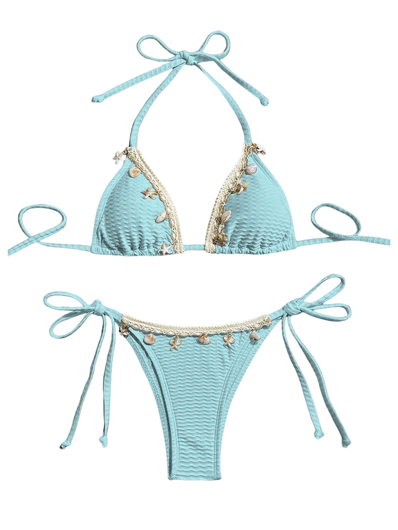 Women's 2 Piece Sexy Halter Triangle Bikinis Seashell Tie