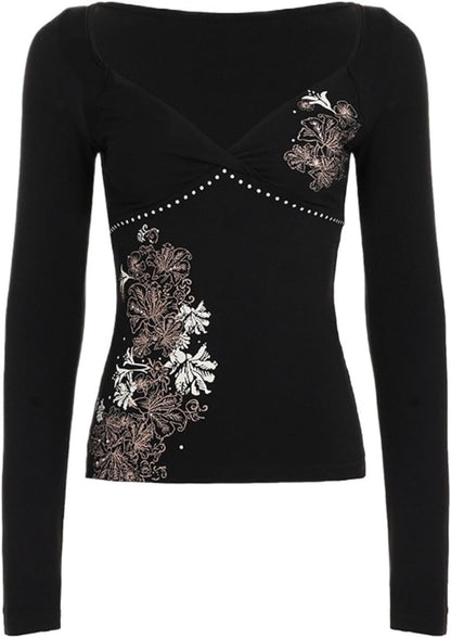 Y2k V Neck Floral Tops Women Fairy Grunge Vintage Long Sleeve Top 2000s Emo Graphic Cute Teen Girls Clothe