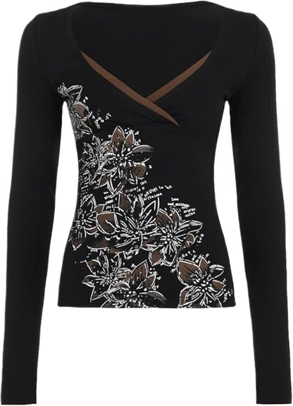 Y2k V Neck Floral Tops Women Fairy Grunge Vintage Long Sleeve Top 2000s Emo Graphic Cute Teen Girls Clothe