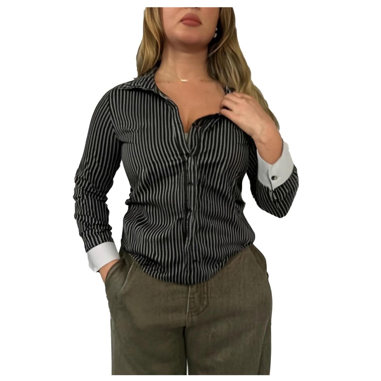 Women Slim Fit Button Down Striped Shirt