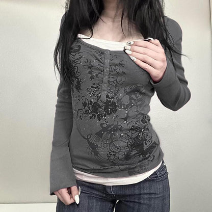 Y2k V Neck Floral Tops Women Fairy Grunge Vintage Long Sleeve Top 2000s Emo Graphic Cute Teen Girls Clothe