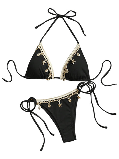 Women's 2 Piece Sexy Halter Triangle Bikinis Seashell Tie