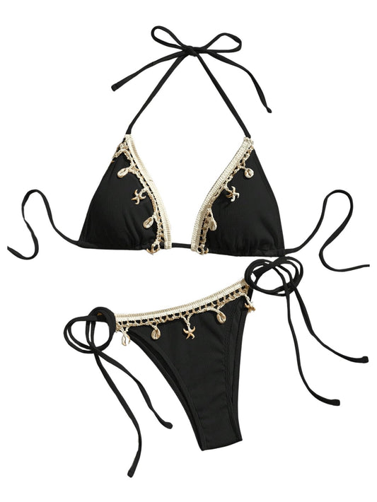 Women's 2 Piece Sexy Halter Triangle Bikinis Seashell Tie