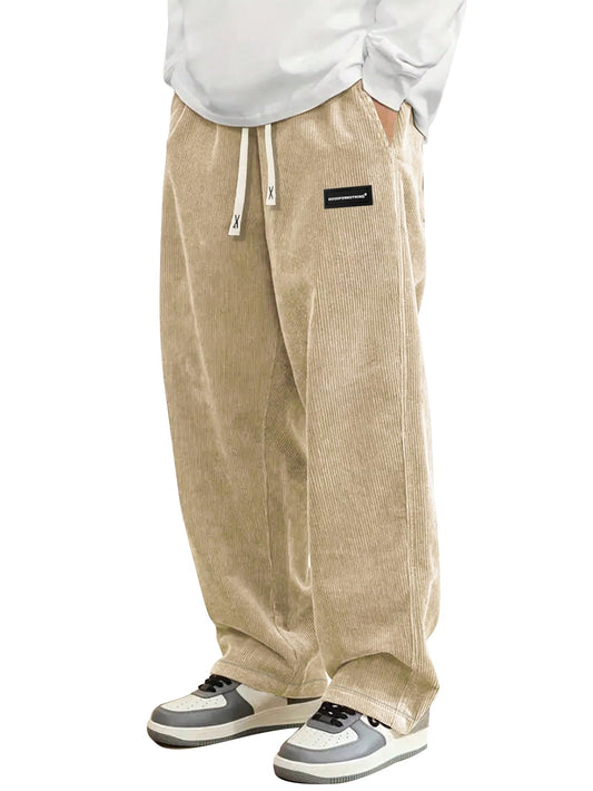 Mens Corduroy Casual Pants Fashion Loose Fit Wide Leg Pants Straight Sweatpants Elastic Waist Drawstring