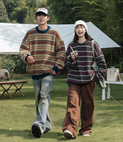 Mens Y2k Striped Sweater Vintage Knitted Pullover Tops