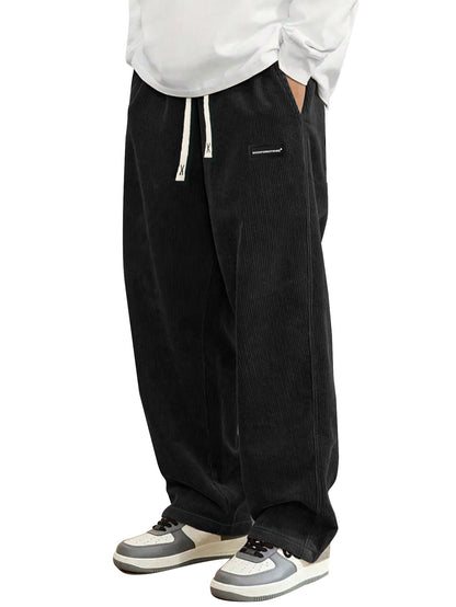 Mens Corduroy Casual Pants Fashion Loose Fit Wide Leg Pants Straight Sweatpants Elastic Waist Drawstring