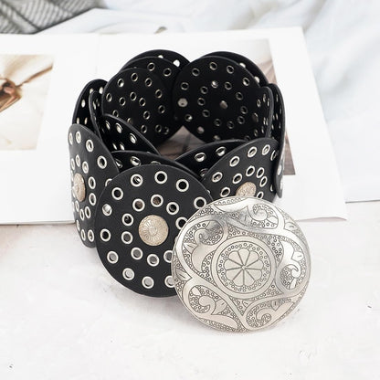 Wide Disc Belt for Women Vintage Hollow Boho Leather Belt Western Chunky Waist Belt Cowboy Metal Buckle Concho Belts