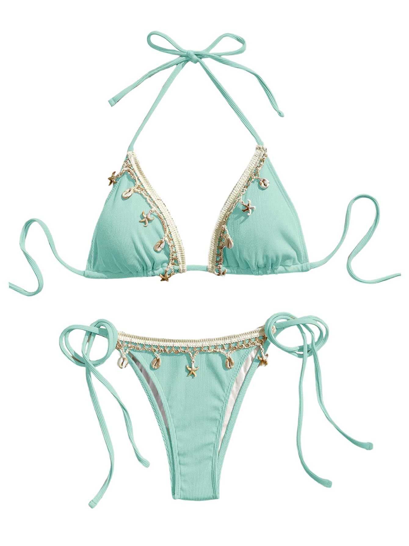 Women's 2 Piece Sexy Halter Triangle Bikinis Seashell Tie