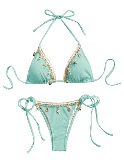 Women's 2 Piece Sexy Halter Triangle Bikinis Seashell Tie