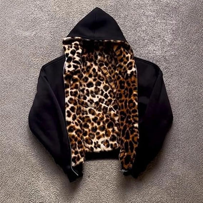 CUTEGAL Zip Up Hoodie Oversized Leopard Print Jacket Reversible Streetwear Fall Grunge Hoodies Streetwear