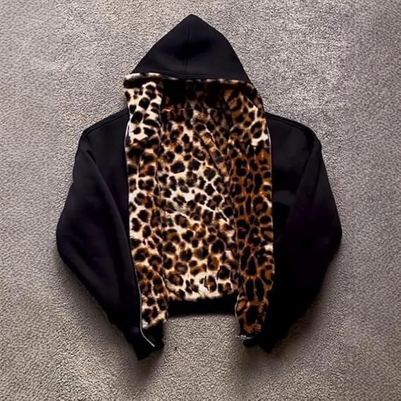 CUTEGAL Zip Up Hoodie Oversized Leopard Print Jacket Reversible Streetwear Fall Grunge Hoodies Streetwear