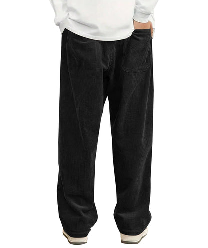 Mens Corduroy Casual Pants Fashion Loose Fit Wide Leg Pants Straight Sweatpants Elastic Waist Drawstring