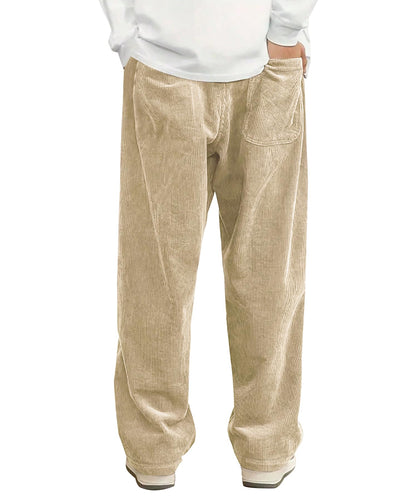 Mens Corduroy Casual Pants Fashion Loose Fit Wide Leg Pants Straight Sweatpants Elastic Waist Drawstring