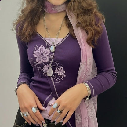 Y2k V Neck Floral Tops Women Fairy Grunge Vintage Long Sleeve Top 2000s Emo Graphic Cute Teen Girls Clothe