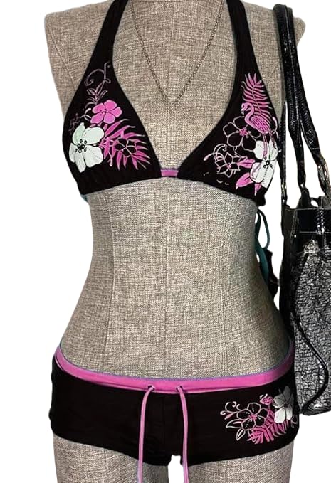 Y2k Tankini 2 Piece Halter Grunge Bikini Shorts Set
