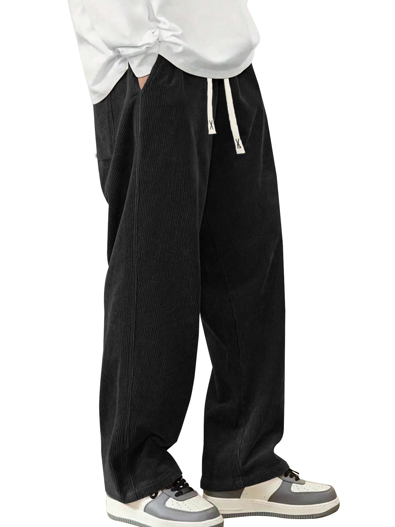 Mens Corduroy Casual Pants Fashion Loose Fit Wide Leg Pants Straight Sweatpants Elastic Waist Drawstring
