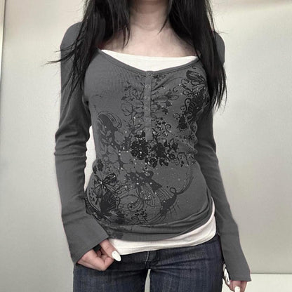 Y2k V Neck Floral Tops Women Fairy Grunge Vintage Long Sleeve Top 2000s Emo Graphic Cute Teen Girls Clothe