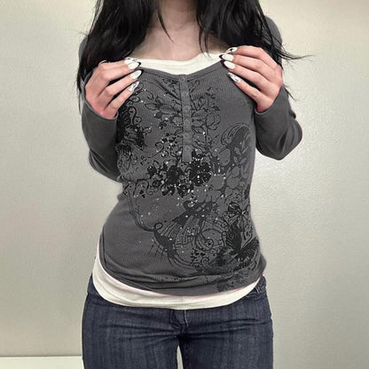 Y2k V Neck Floral Tops Women Fairy Grunge Vintage Long Sleeve Top 2000s Emo Graphic Cute Teen Girls Clothe