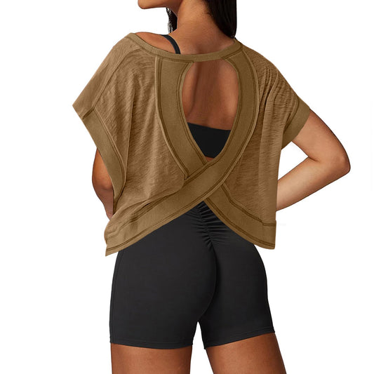 UNIANKIYA Open Back Workout Tops for Women Loose Fit Athletic Crop Tee Short Sleeve Gym Running Yoga Shirt