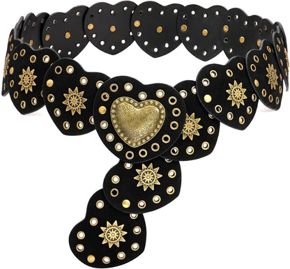 Wide Disc Belt for Women Vintage Hollow Boho Leather Belt Western Chunky Waist Belt Cowboy Metal Buckle Concho Belts