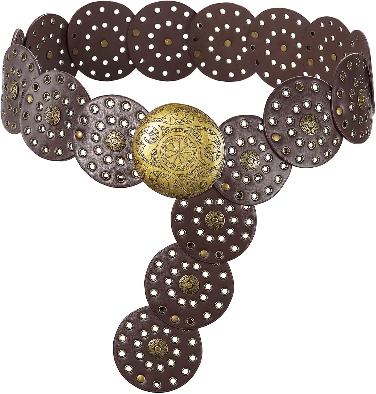 Wide Disc Belt for Women Vintage Hollow Boho Leather Belt Western Chunky Waist Belt Cowboy Metal Buckle Concho Belts