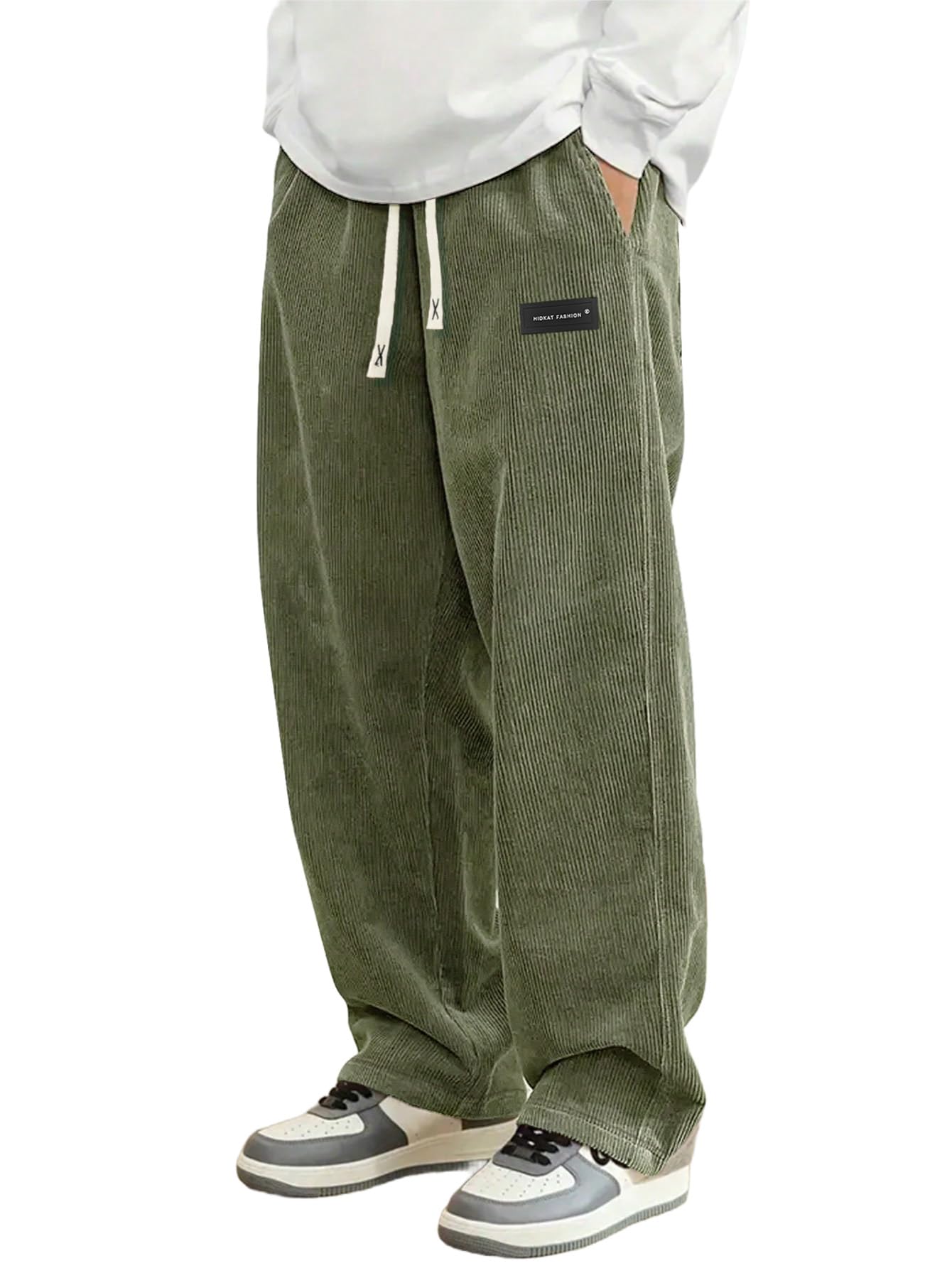 Mens Corduroy Casual Pants Fashion Loose Fit Wide Leg Pants Straight Sweatpants Elastic Waist Drawstring