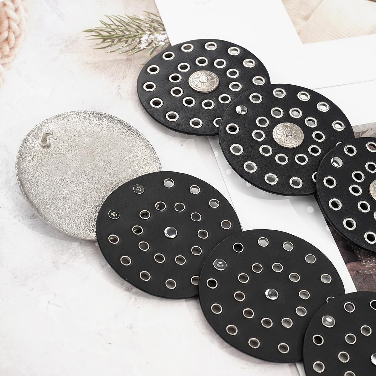 Wide Disc Belt for Women Vintage Hollow Boho Leather Belt Western Chunky Waist Belt Cowboy Metal Buckle Concho Belts