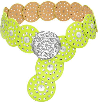 Wide Disc Belt for Women Vintage Hollow Boho Leather Belt Western Chunky Waist Belt Cowboy Metal Buckle Concho Belts