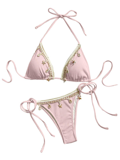 Women's 2 Piece Sexy Halter Triangle Bikinis Seashell Tie