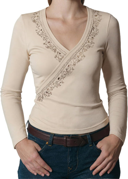 Y2k V Neck Floral Tops Women Fairy Grunge Vintage Long Sleeve Top 2000s Emo Graphic Cute Teen Girls Clothe