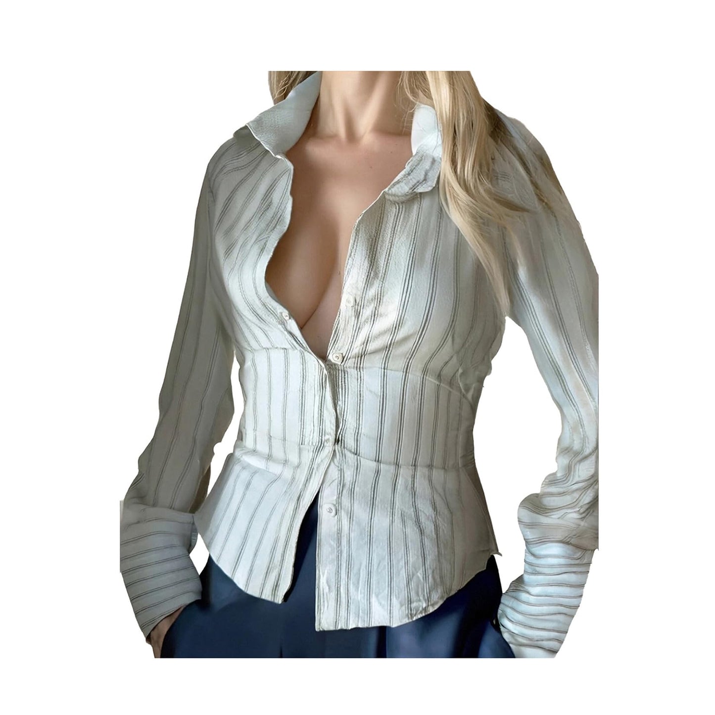 Women Slim Fit Button Down Striped Shirt