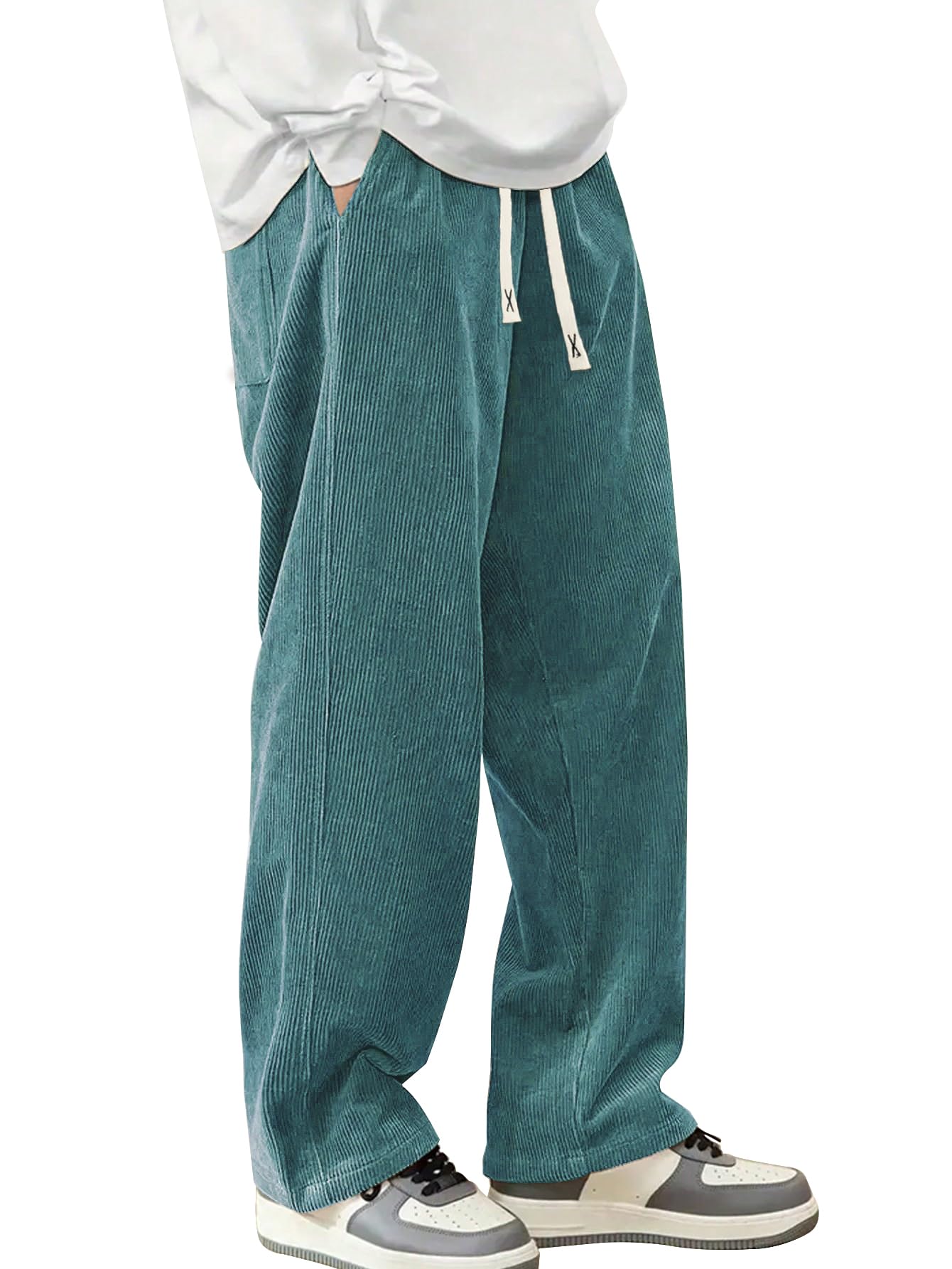 Mens Corduroy Casual Pants Fashion Loose Fit Wide Leg Pants Straight Sweatpants Elastic Waist Drawstring