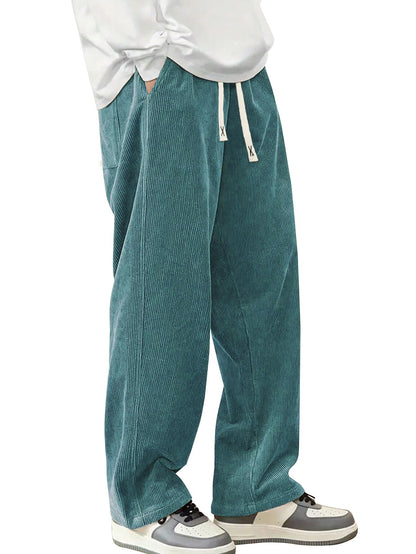 Mens Corduroy Casual Pants Fashion Loose Fit Wide Leg Pants Straight Sweatpants Elastic Waist Drawstring